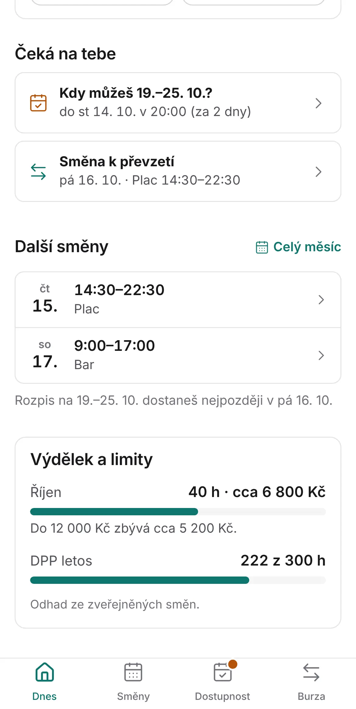 Telefon: karta Výdělek a limity – říjen 40 h, cca 6 800 Kč, do 12 000 Kč zbývá cca 5 200 Kč; DPP letos 222 z 300 h.